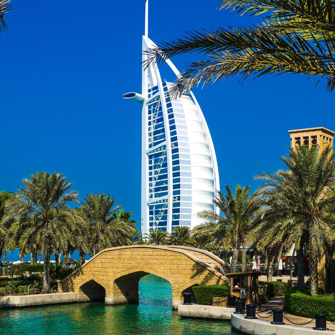 Iconic Burj Al Arab view across palm-lined waterways in Dubai